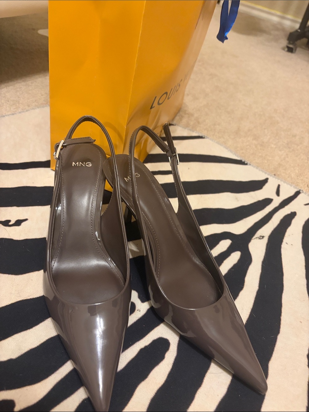 Mango Patent Pointed-Toe Slingback Pumps in Taupe